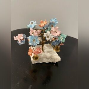 VTG Prosperity Tree Brass bells & pale multi color Fabric Flowers w/marble Base